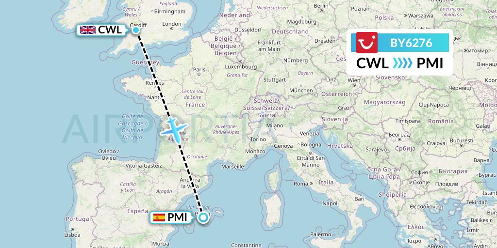 BY6276 TUI Airways Flight Map: Cardiff to Palma de Mallorca