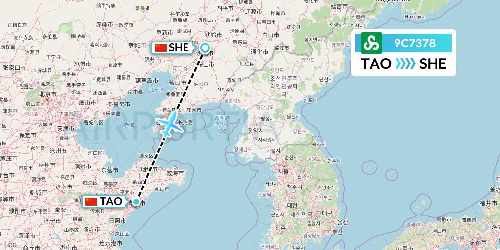9C7378 Spring Airlines Flight Map: Qingdao to Shenyang