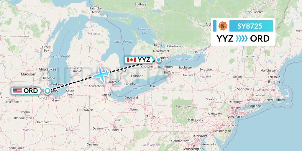 SY8725 Sun Country Airlines Flight Map: Toronto to Chicago