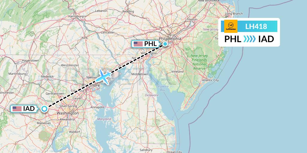LH418 Lufthansa Flight Map: Philadelphia to Washington