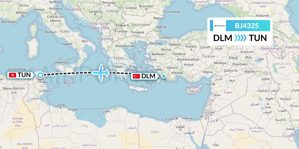 BJ4325 Nouvelair Tunisie Flight Map: Dalaman to Tunis