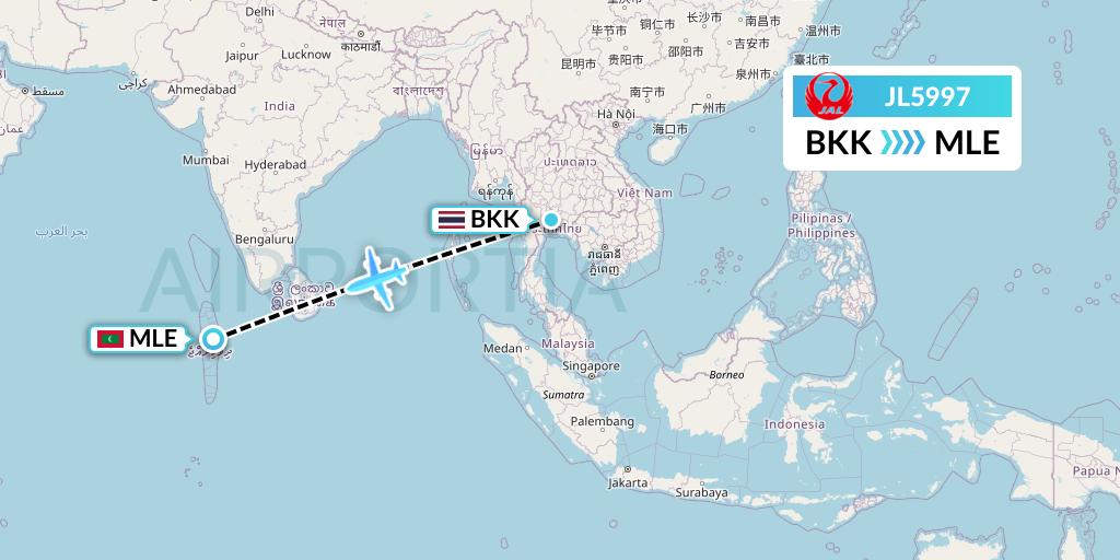 JL5997 Japan Airlines Flight Map: Bangkok to Male