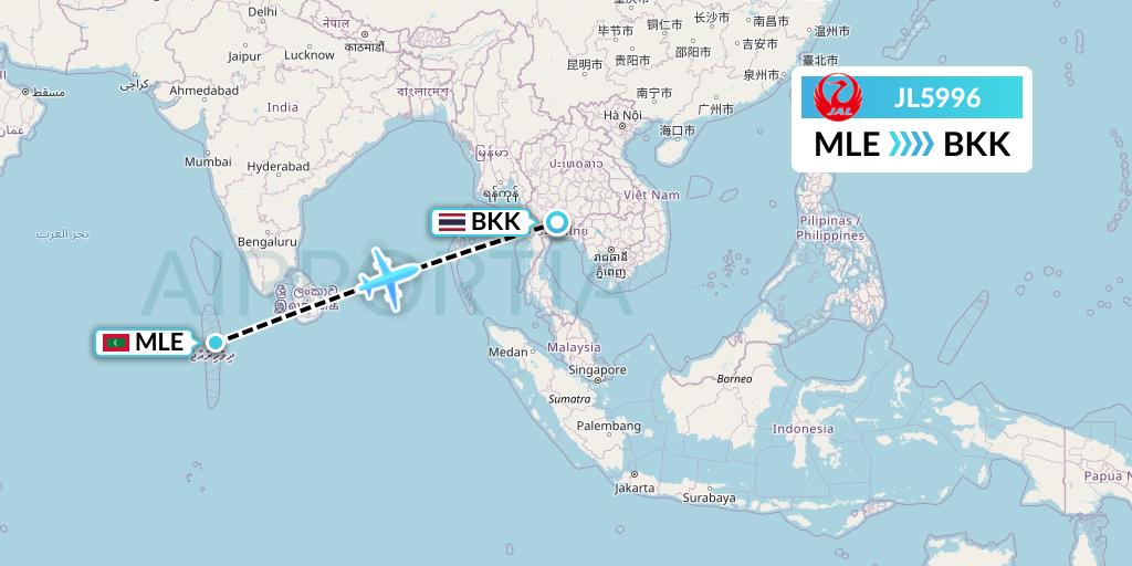 JL5996 Japan Airlines Flight Map: Male to Bangkok