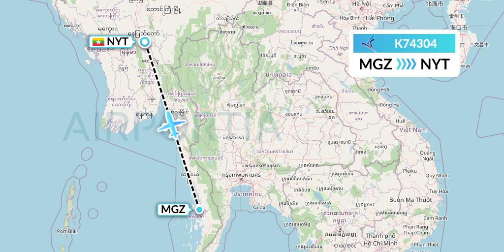 K74304 Air KBZ Flight Map: Myeik to Naypyidaw 