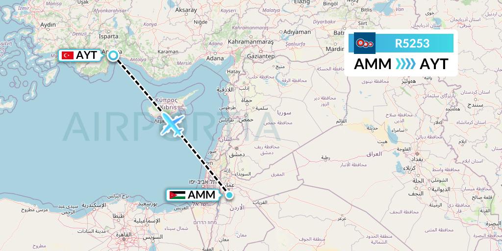 R5253 Jordan Aviation Flight Map: Amman to Antalya
