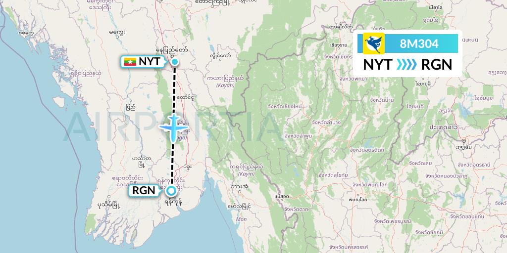 8M304 Myanmar Airways International Flight Map: Naypyidaw to Yangon