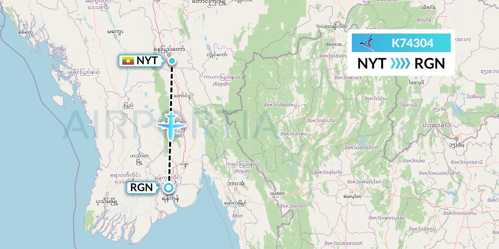 K74304 Air KBZ Flight Map: Naypyidaw to Yangon