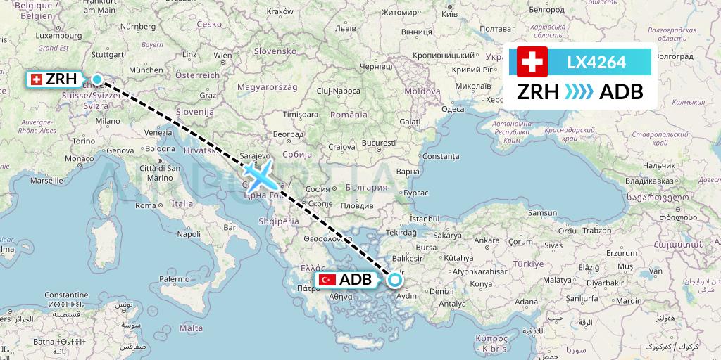 LX4264 Swiss Flight Map: Zurich to Izmir