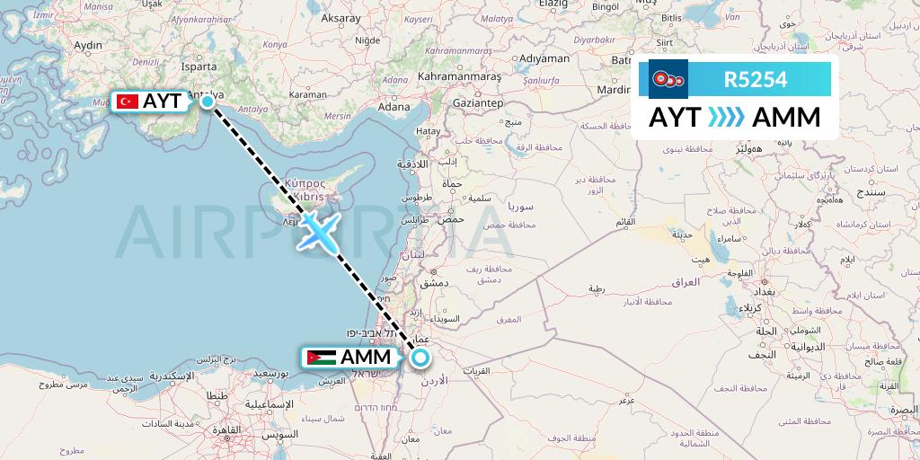 R5254 Jordan Aviation Flight Map: Antalya to Amman