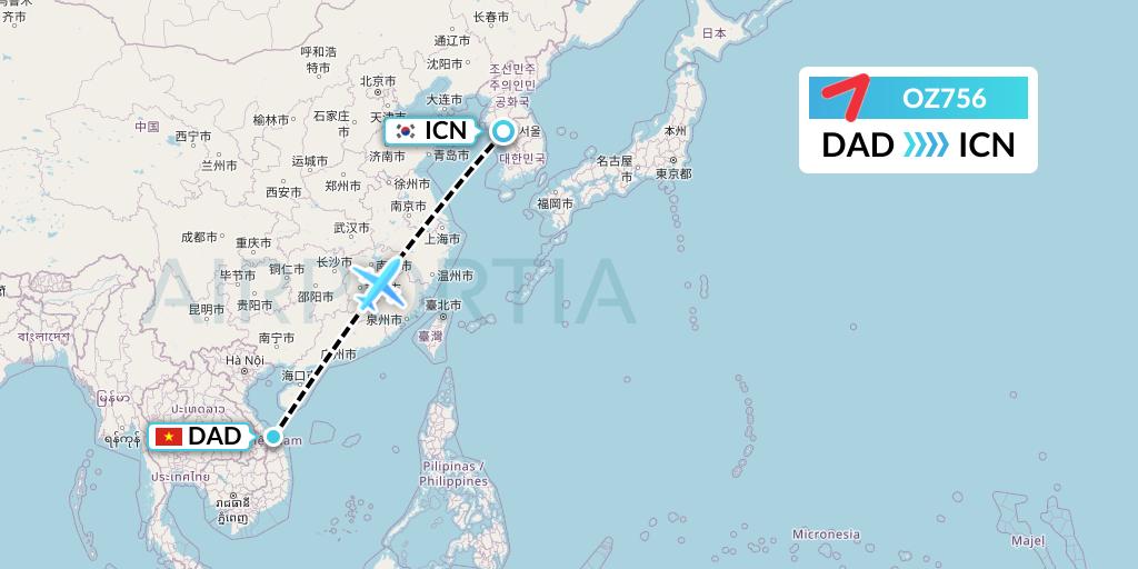 OZ756 Asiana Airlines Flight Map: Da Nang to Seoul