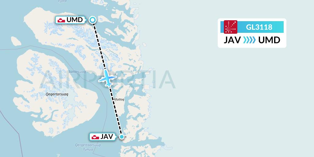 GL3118 Air Greenland Flight Map: Ilulissat to Uummannaq
