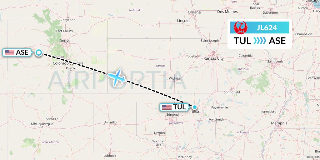 JL624 Japan Airlines Flight Map: Tulsa to Aspen