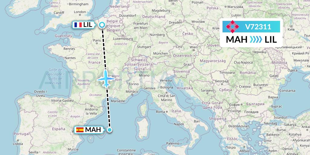 V72311 Volotea Flight Map: Mahon to Lille