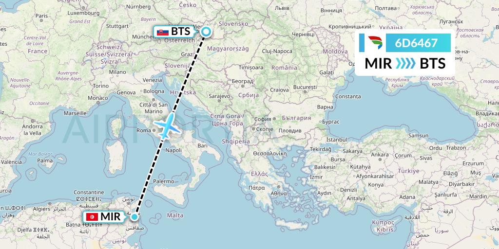 6D6467 Travel Service Slovakia Flight Map: Monastir to Bratislava