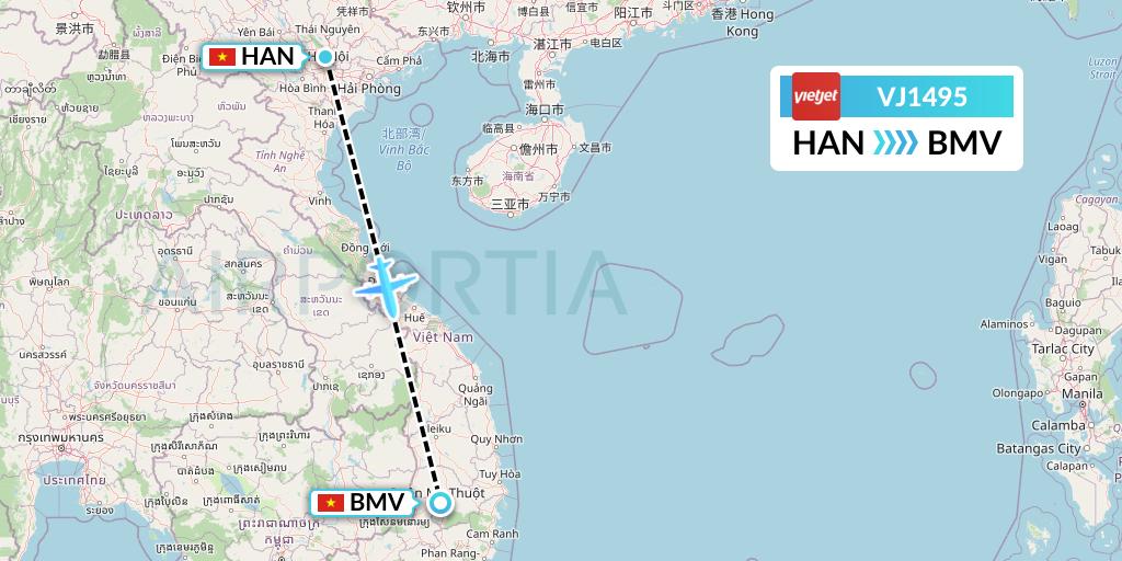 VJ1495 VietJet Air Flight Map: Hanoi to Buon Ma Thuot