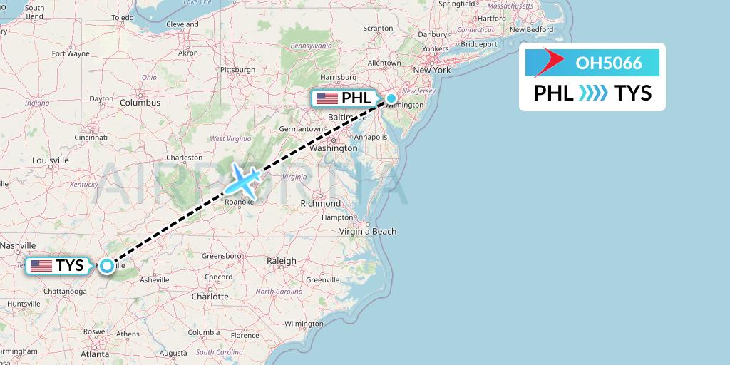 OH5066 PSA Airlines Flight Map: Philadelphia to Knoxville