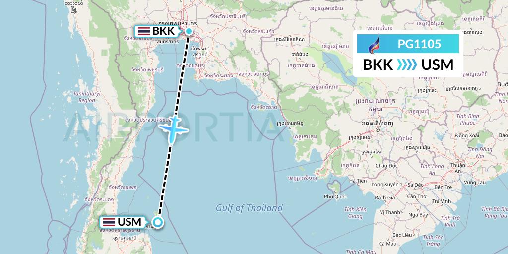 PG1105 Bangkok Airways Flight Map: Bangkok to Koh Samui