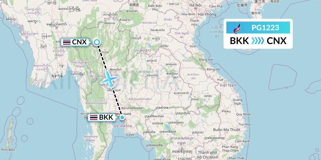 PG1223 Bangkok Airways Flight Map: Bangkok to Chiang Mai