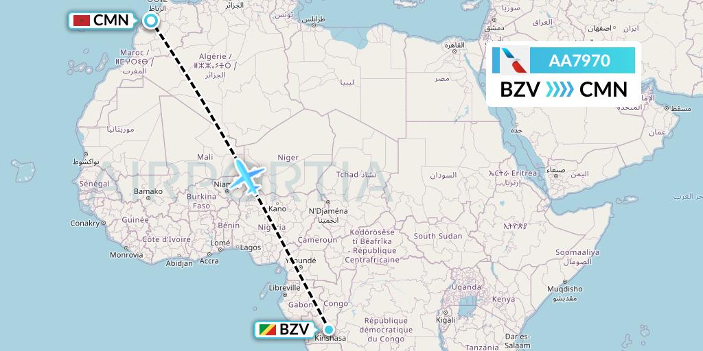 AA7970 American Airlines Flight Map: Brazzaville to Casablanca