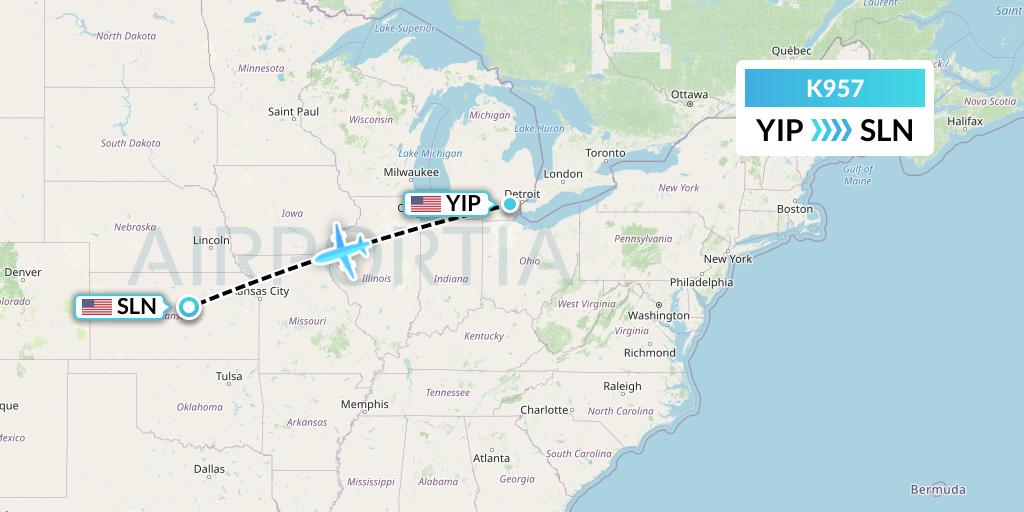 K957 Kalitta Charters Flight Map: Detroit to Salina