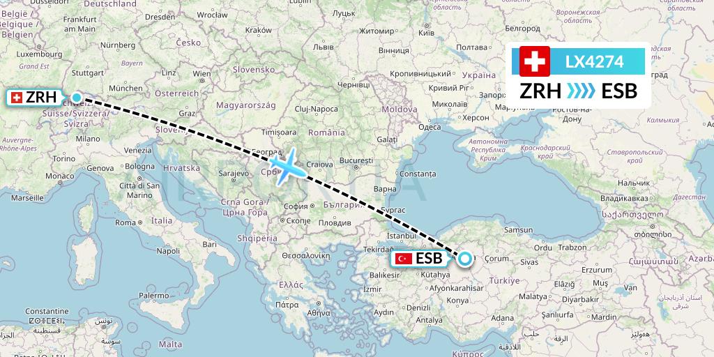 LX4274 Swiss Flight Map: Zurich to Ankara
