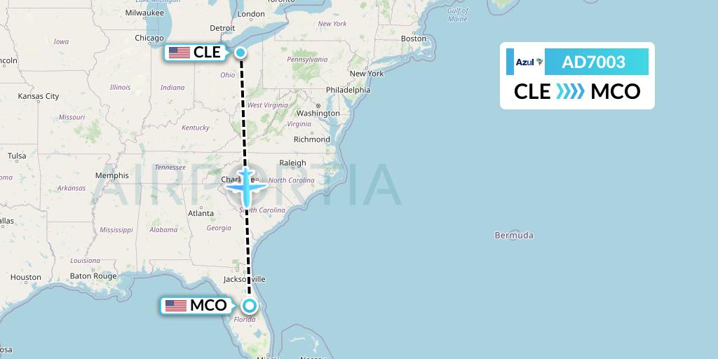 AD7003 Azul Brazilian Airlines Flight Map: Cleveland to Orlando