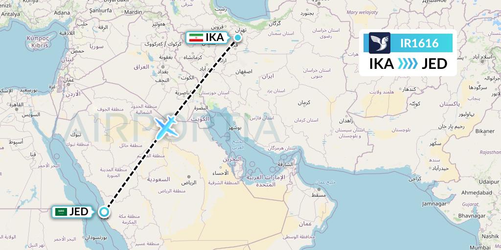 IR1616 Iran Air Flight Map: Tehran to Jeddah