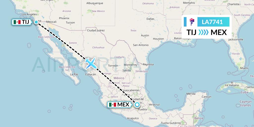 LA7741 LAN Airlines Flight Map: Tijuana to Mexico City