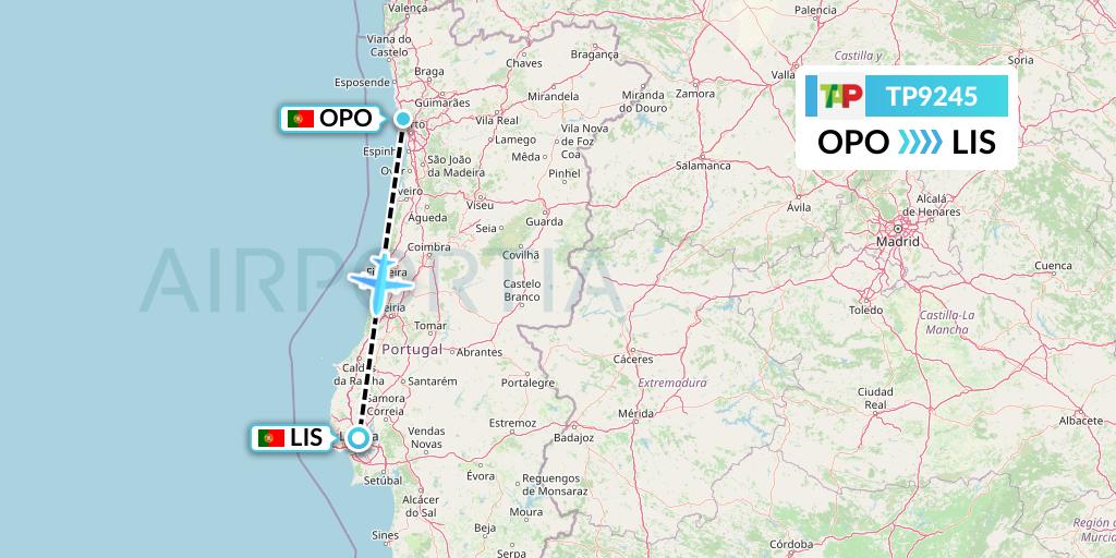 TP9245 TAP Portugal Flight Map: Porto to Lisbon