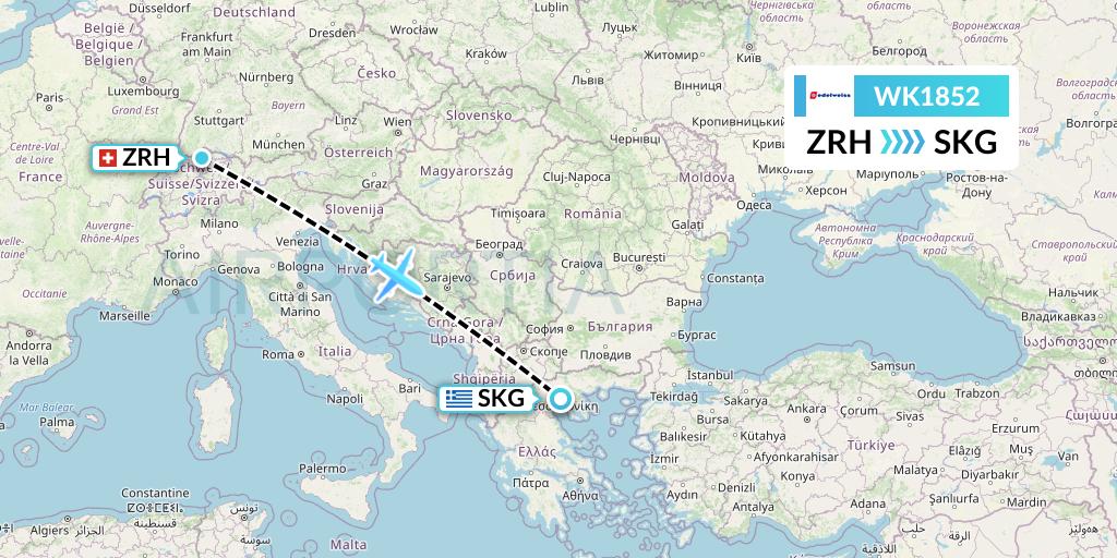 WK1852 Edelweiss Air Flight Map: Zurich to Thessaloniki