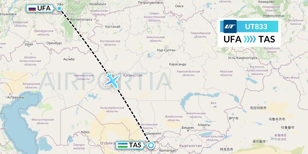UT833 UTair Flight Map: Ufa to Tashkent
