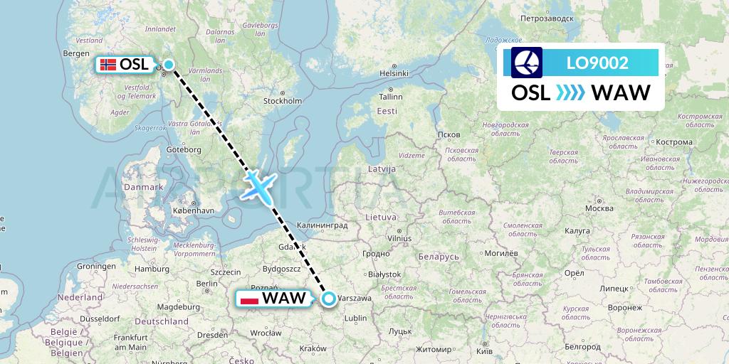 LO9002 LOT Flight Map: Oslo to Warsaw