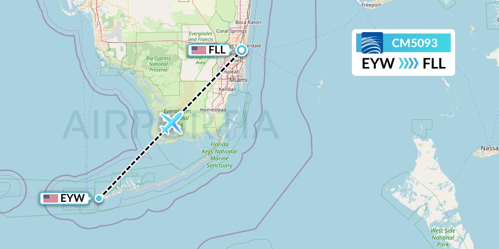 CM5093 Copa Airlines Flight Map: Key West to Fort Lauderdale