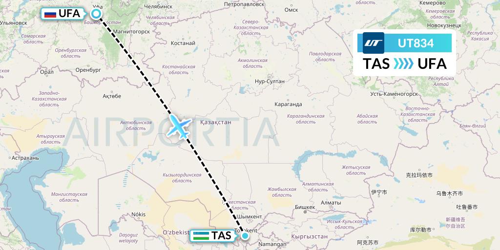 UT834 UTair Flight Map: Tashkent to Ufa