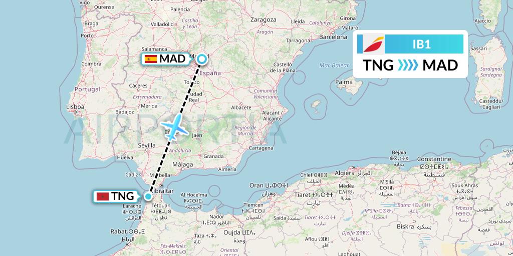 IB1 Iberia Flight Map: Tangier to Madrid