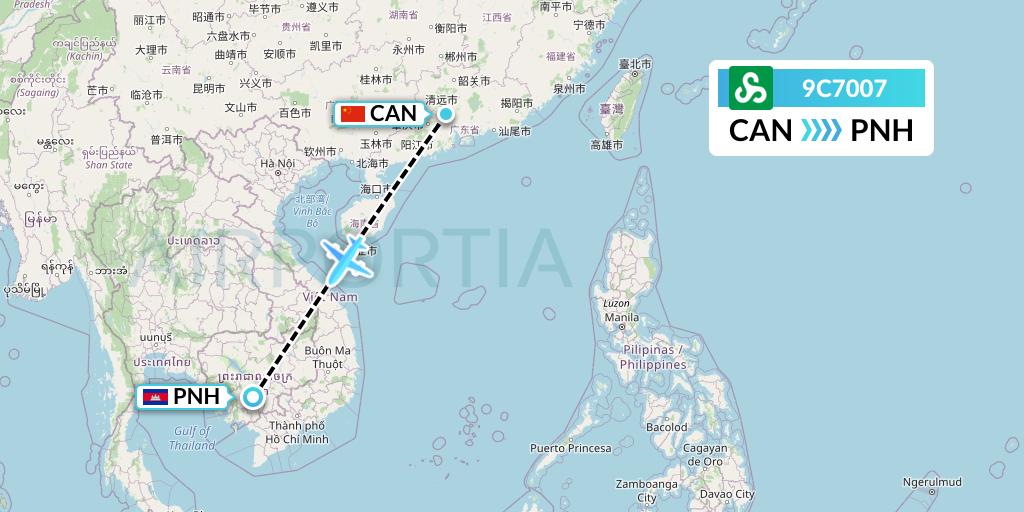 9C7007 Spring Airlines Flight Map: Guangzhou to Phnom Penh