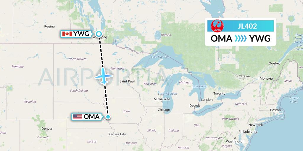 JL402 Japan Airlines Flight Map: Omaha to Winnipeg