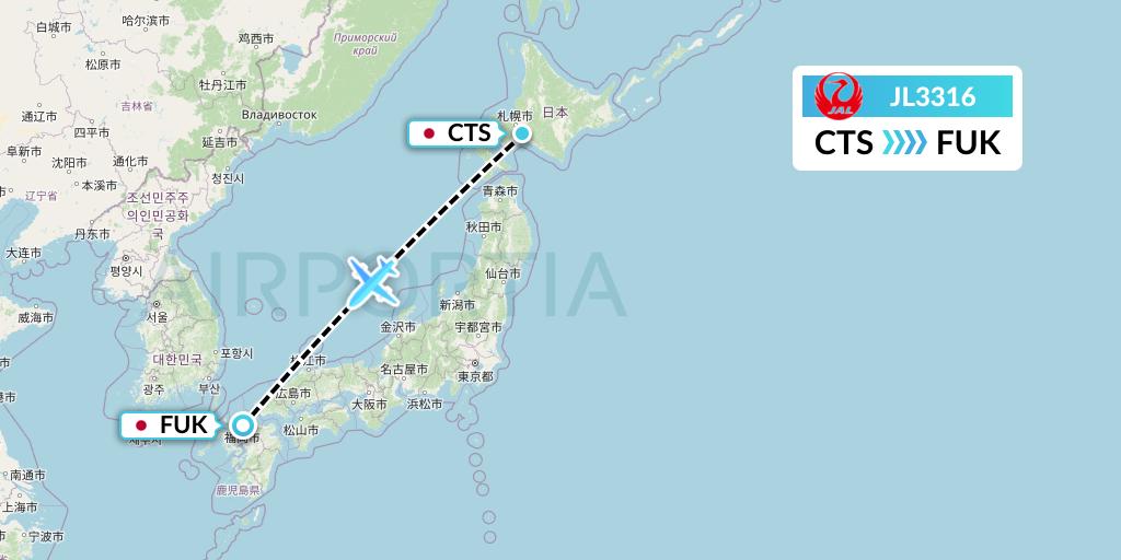 JL3316 Japan Airlines Flight Map: Sapporo to Fukuoka