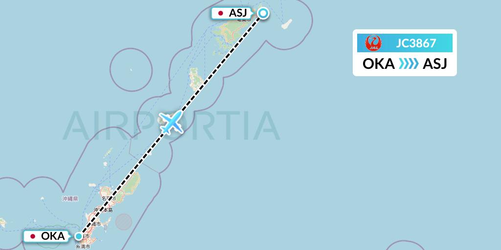 JC3867 Japan Air Commuter Flight Map: Naha to Amami