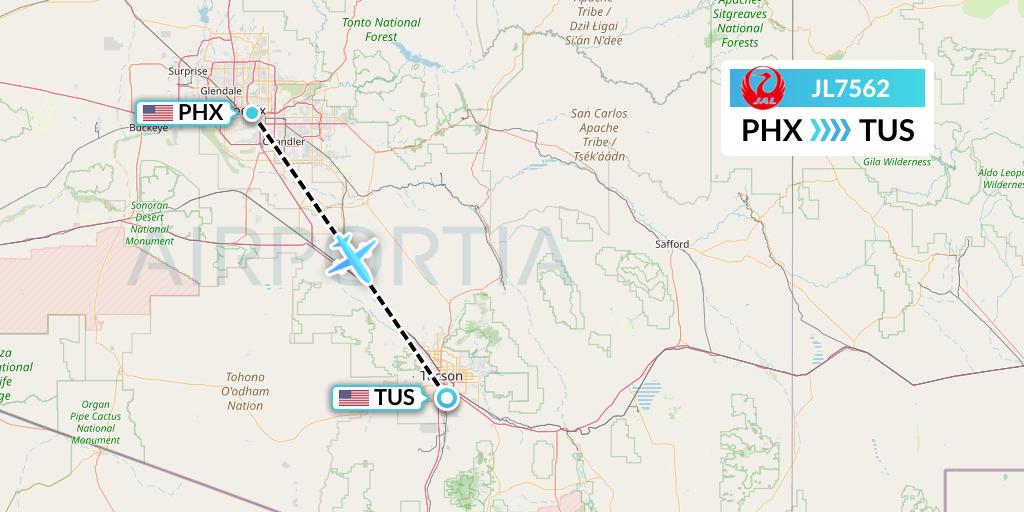 JL7562 Japan Airlines Flight Map: Phoenix to Tucson