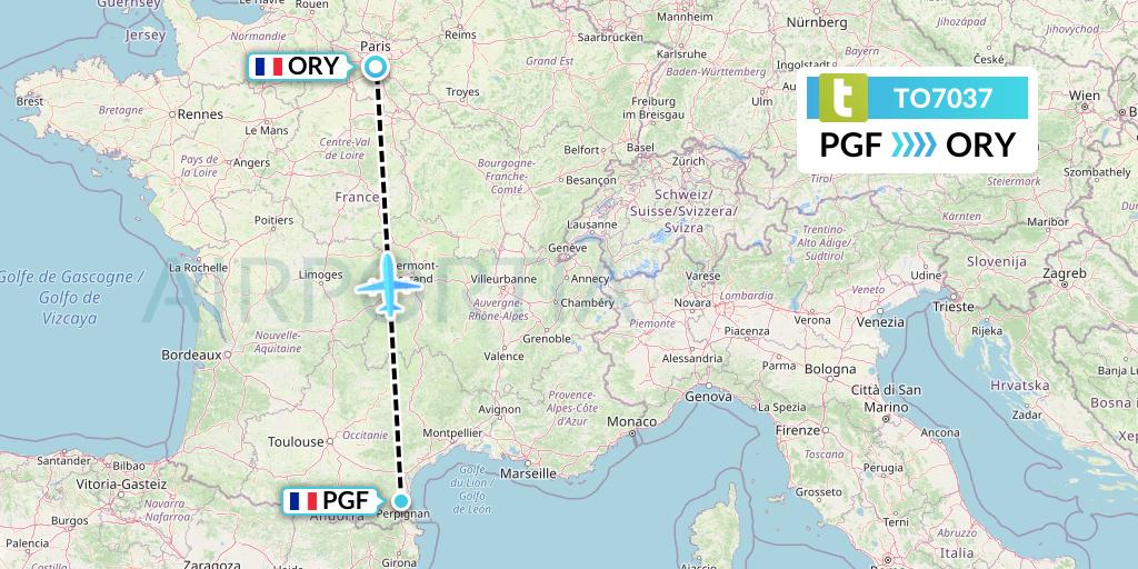 TO7037 Transavia France Flight Map: Perpignan to Paris