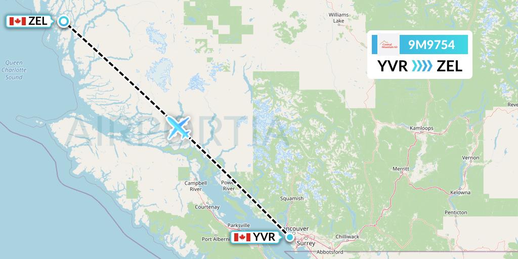 9M9754 Central Mountain Air Flight Map: Vancouver to Bella Bella