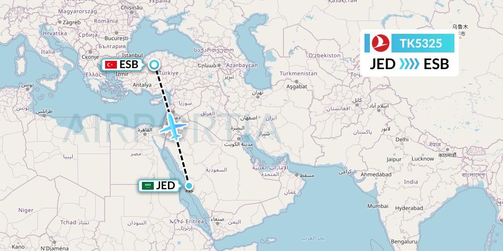 TK5325 Turkish Airlines Flight Map: Jeddah to Ankara