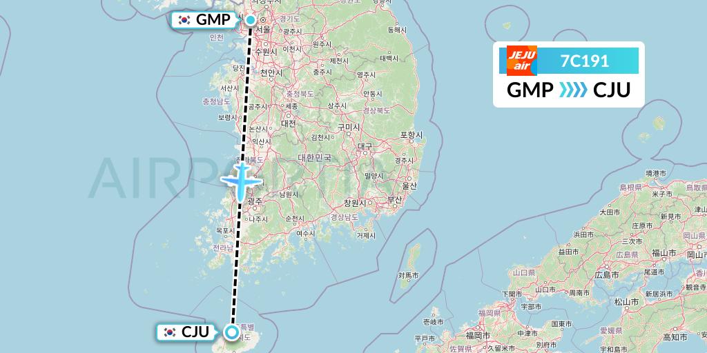 7C191 Jeju Air Flight Map: Seoul to Jeju