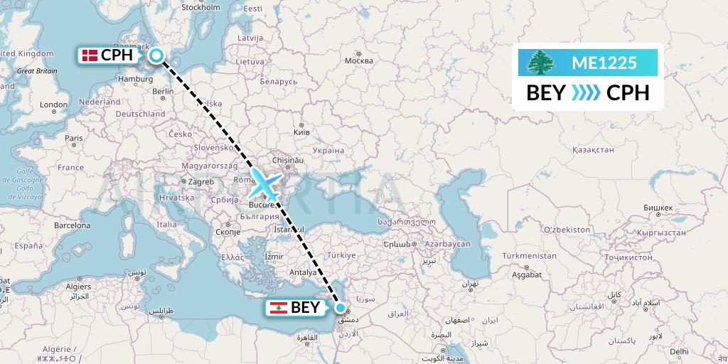 ME1225 MEA Flight Map: Beirut to Copenhagen