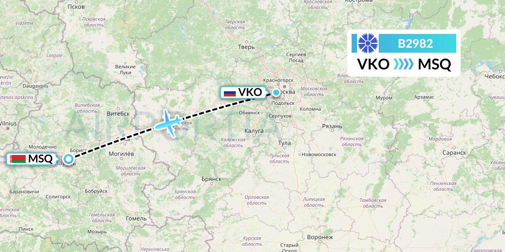 B2982 Belavia Flight Map: Moscow to Minsk
