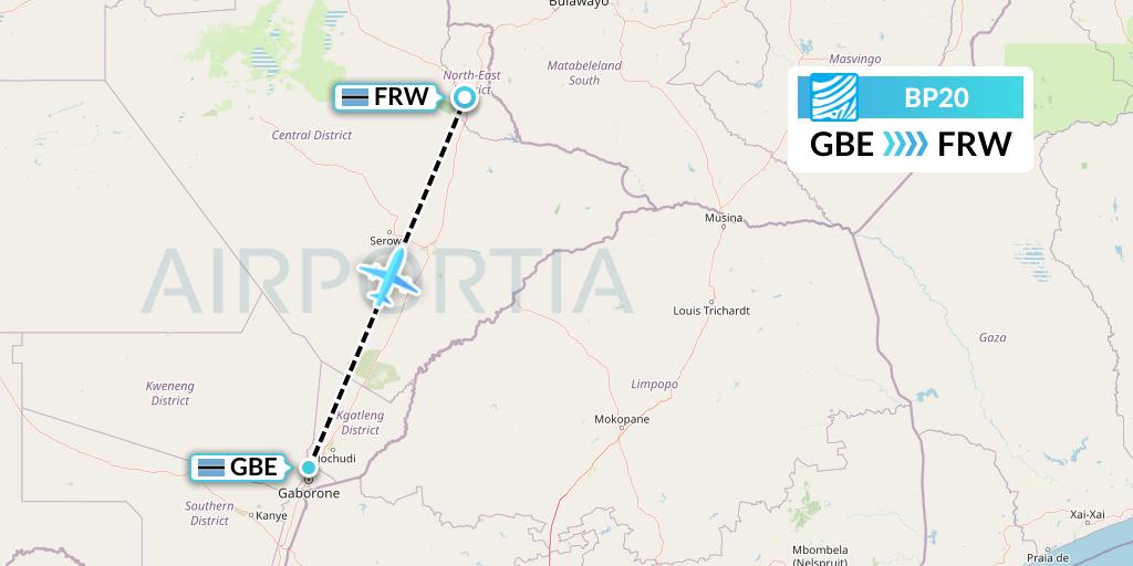 BP20 Air Botswana Flight Map: Gaborone to Francistown