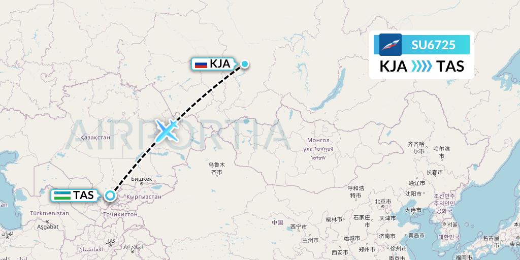 SU6725 Aeroflot Flight Map: Krasnoyarsk to Tashkent