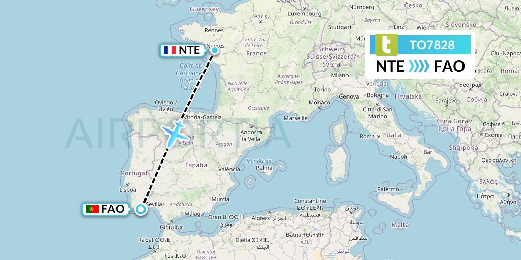 TO7828 Transavia France Flight Map: Nantes to Faro