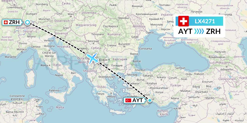 LX4271 Swiss Flight Map: Antalya to Zurich